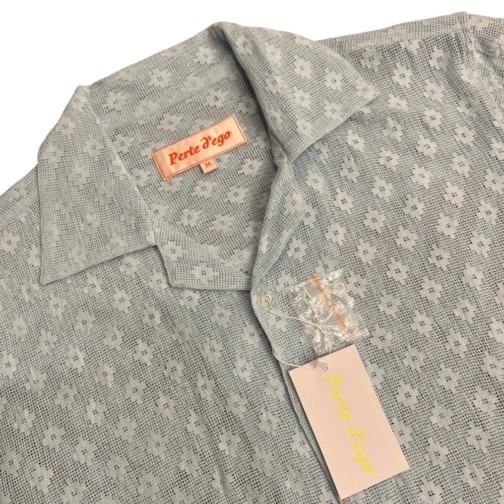 Perte d'ego Men's Crochet Button Down Shirt Medium Blue Short Sleeve Camp Collar